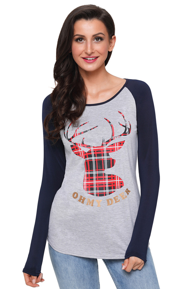 Oh My Deer Plaid Christmas Reindeer Navy Sleeve Blouse