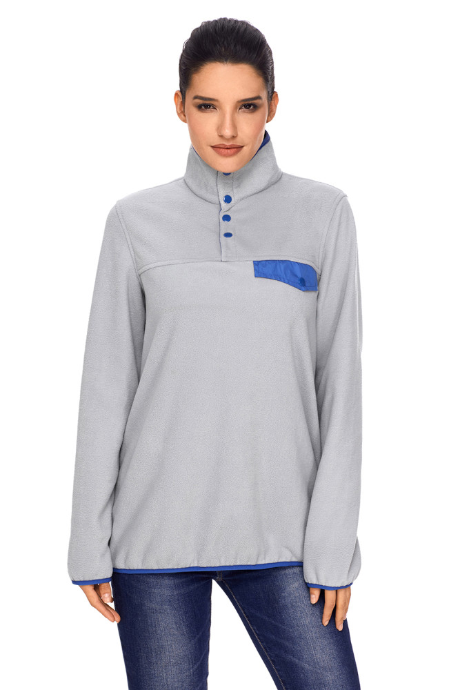 Gray Stand Collar Buttons Fleece Pullover Top