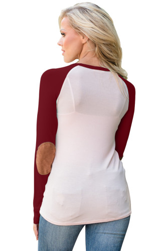 Burgundy Raglan Sleeve Elbow Patch and Buttons Top