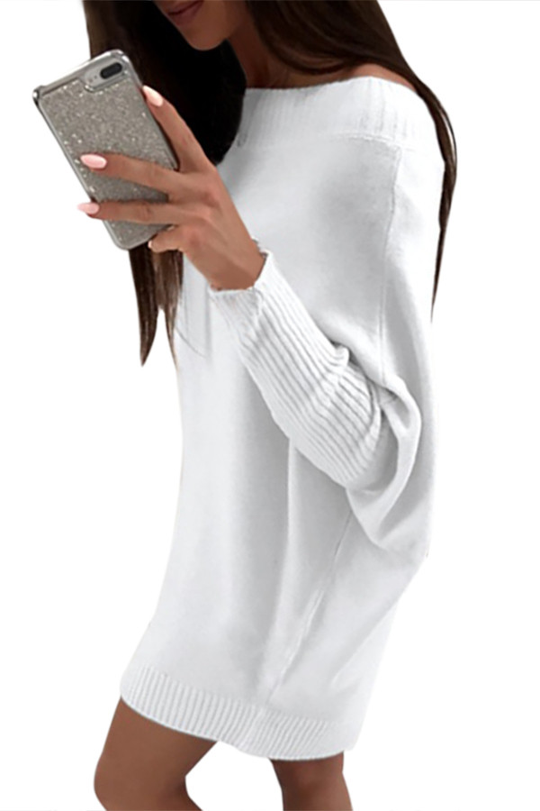 White Stylish Long Sleeve Baggy Sweater Dress