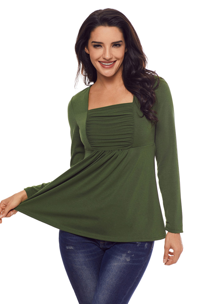 Army Green Square Neckline Ruched Long Sleeve Blouse