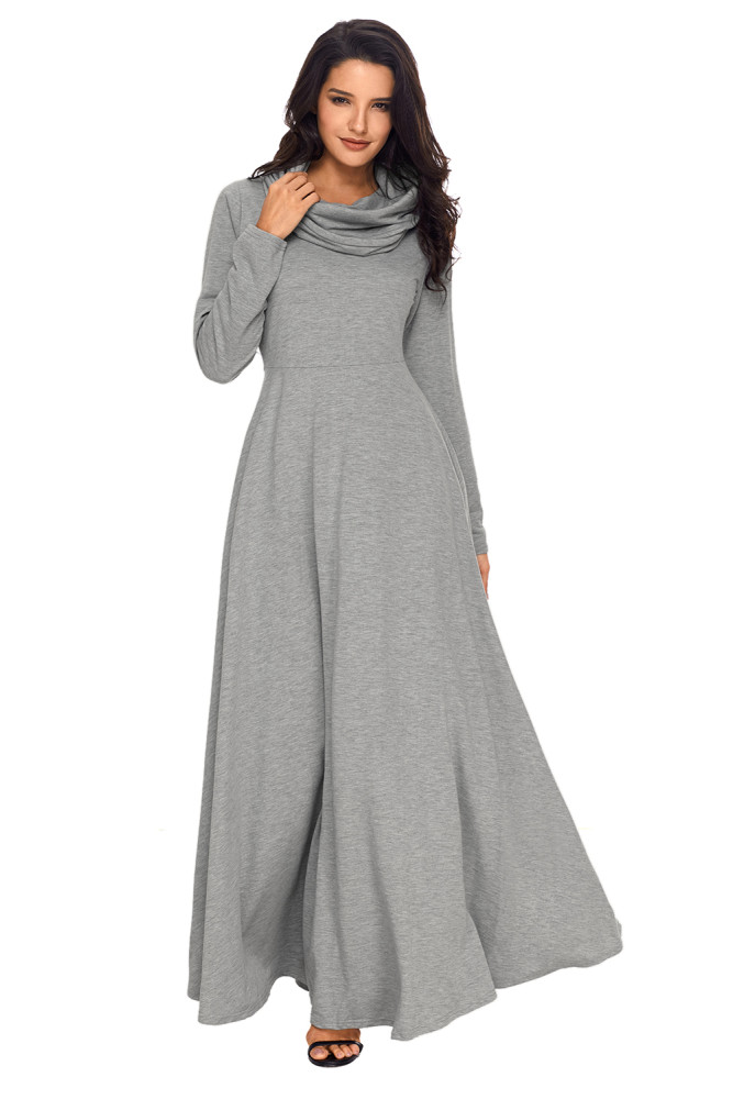 Grey Cow Neck Long Sleeve Maxi Dress