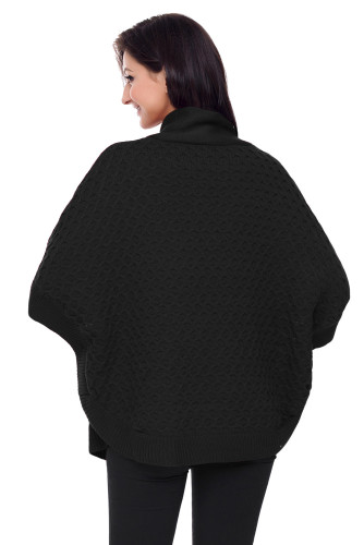 Black High Neck Waffle Knit Poncho