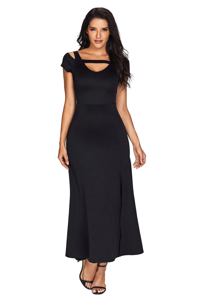 Black Cold Shoulder Front Slit Flare Maxi Dress