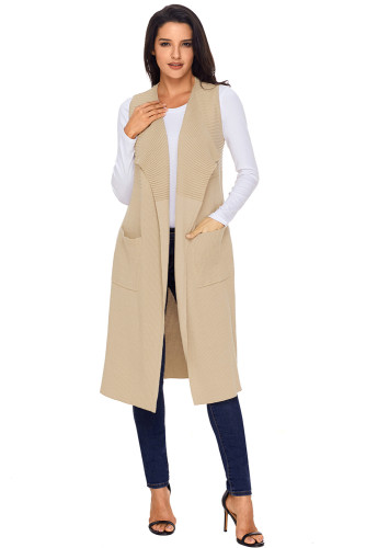Khaki Pocket Long Cardigan Vest