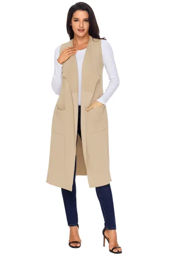 Khaki Pocket Long Cardigan Vest