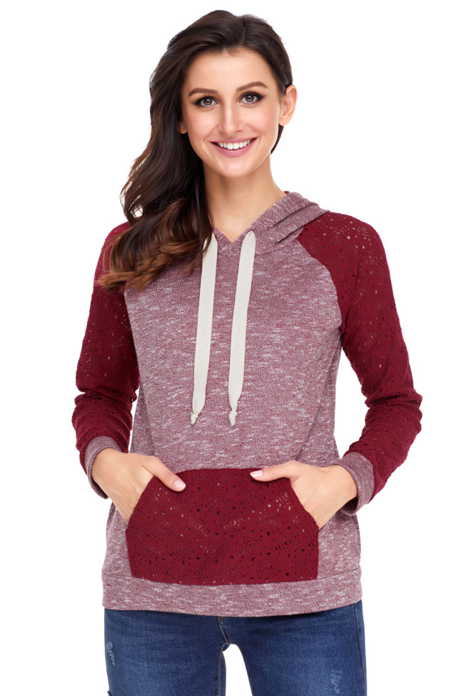 Purplish Red Lace Accent Kangaroo Pocket Hoodie