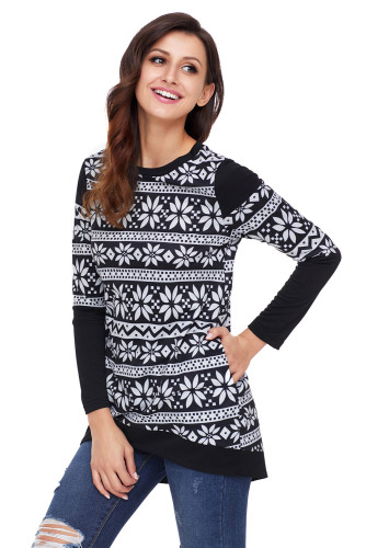 Black White Snowflake Print Long Sleeve Christmas Top