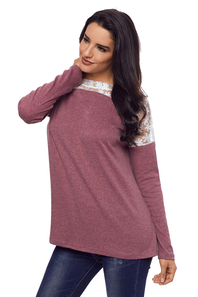 Split Effect Back Lace Insert Mauve Long Sleeve Top