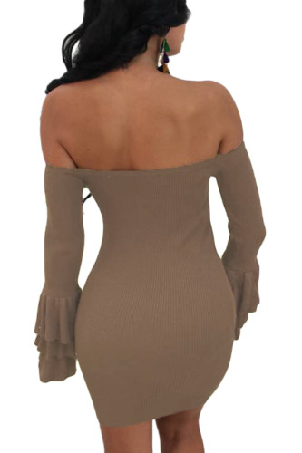 Brown Off The Shoulder Ruffled Sleeve Ribbed Mini Dress