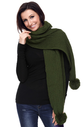 Green Pom Pom Ribbed Knit Scarf