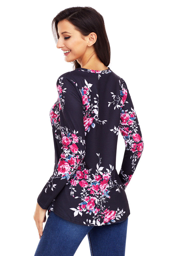 Black Long Sleeve Floral Autumn Womens Top