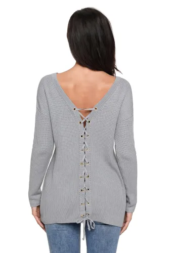 Gray Sexy V Neck Lace up Front Sweater