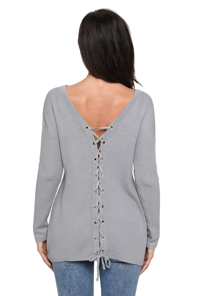 Gray Sexy V Neck Lace up Front Sweater