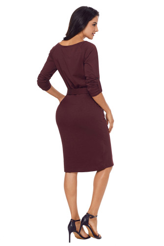 Coffee Roll-tab Long Sleeve Tie Waist Midi Dress