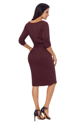 Coffee Roll-tab Long Sleeve Tie Waist Midi Dress