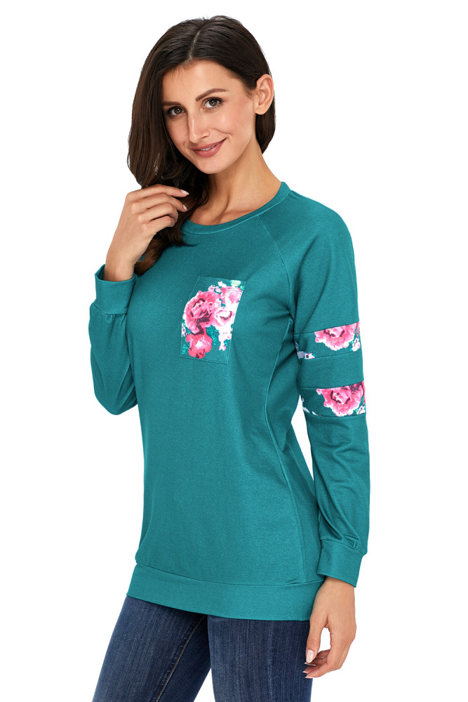 Floral Patch Accent Turquoise Sweatshirt