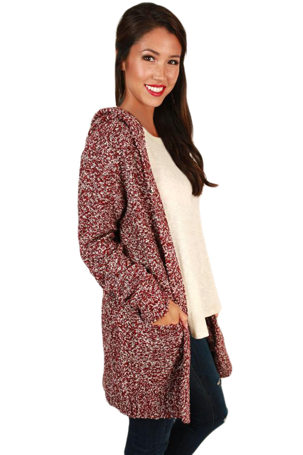 Heathered Red Long Sleeve Hooded Long Cardigan