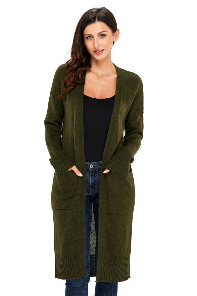 Army Green Knit Long Sleeve Open Front Cardigan
