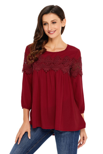 Wine Crochet Detail Long Sleeve Babydoll Top