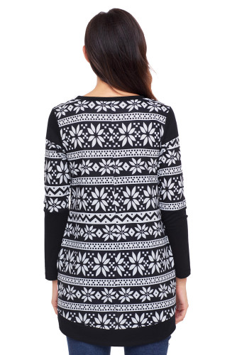 Black White Snowflake Print Long Sleeve Christmas Top
