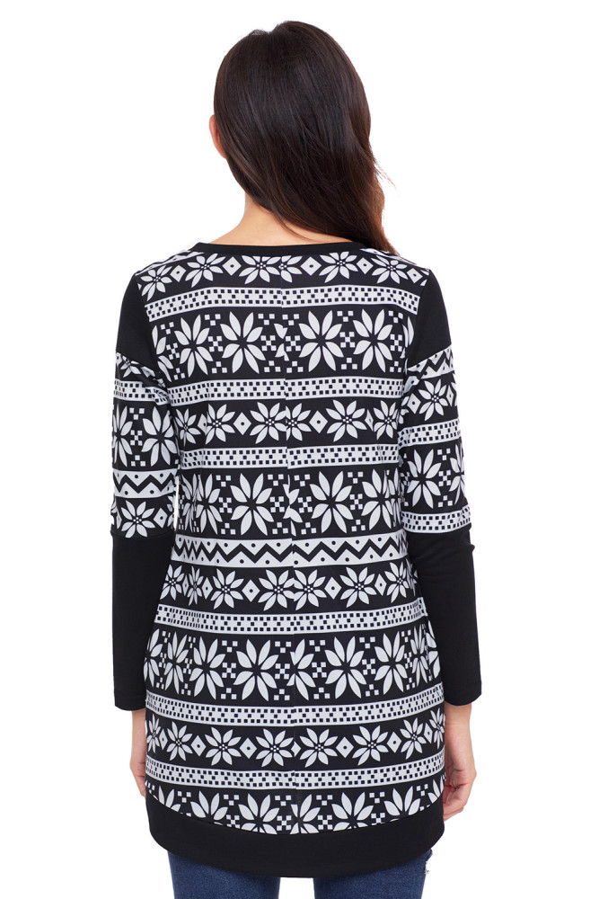 Black White Snowflake Print Long Sleeve Christmas Top