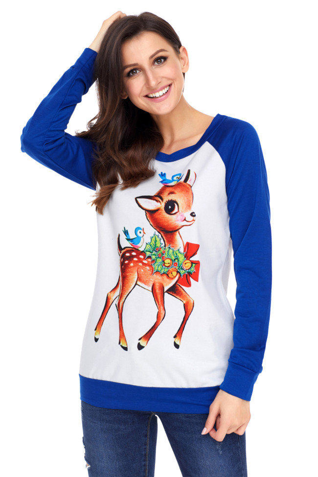 Reindeer and Birds Blue Long Sleeve Christmas Shirt