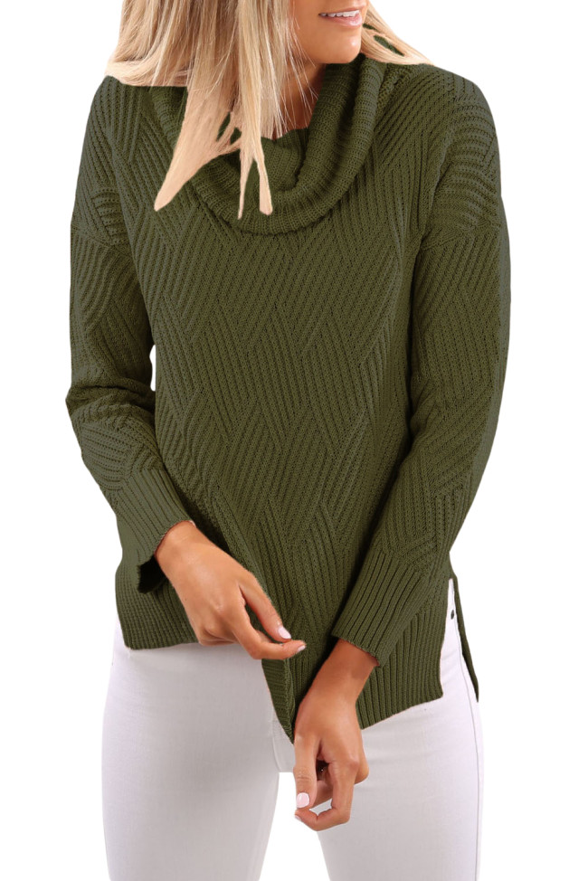 Army Green Cowl Neck Side Split Sweater