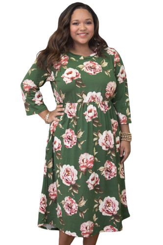 Olive Floral Printing Plus Size Dress