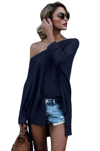 Navy Blue Oversized Knit High-low Slit Side Sweater