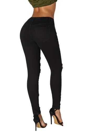 Black Denim Destroyed Ankle Length Skinny Jeans