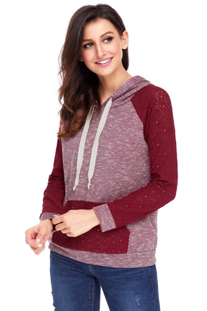 Purplish Red Lace Accent Kangaroo Pocket Hoodie