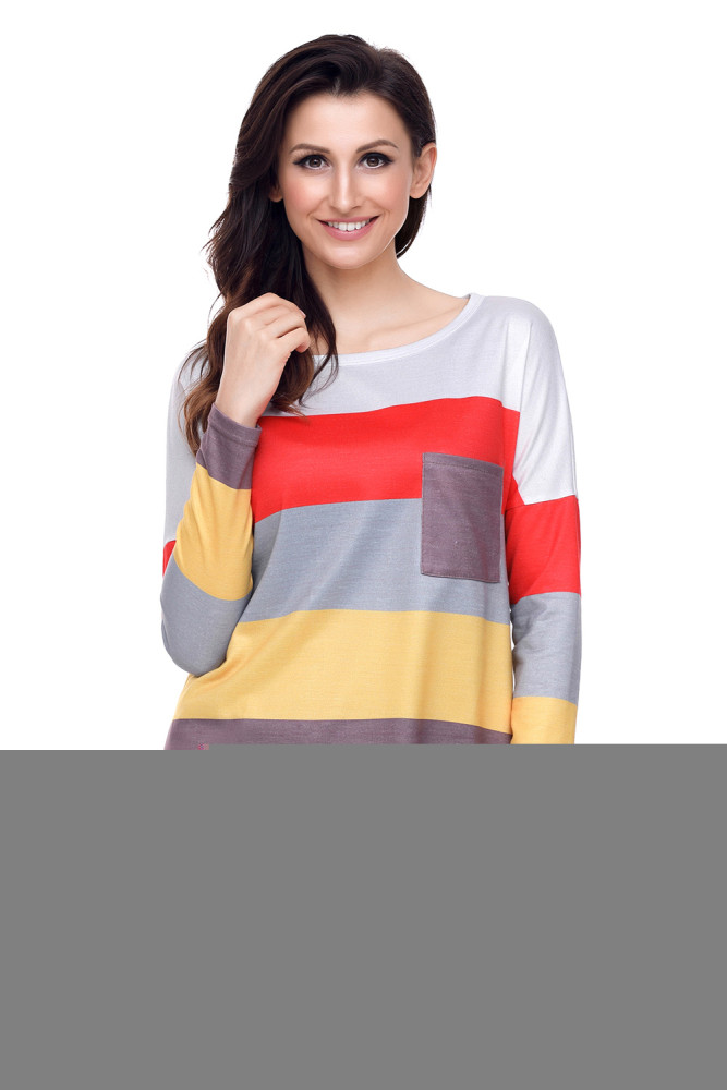 Red Yellow Colorblock Pocket Pullover Tunic Top
