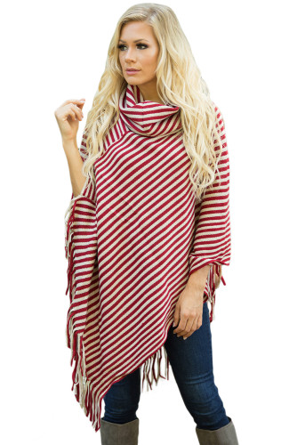 Red White Stripes Cowl Neck Poncho Sweater