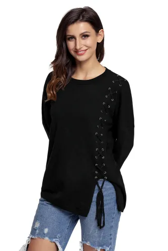Black Lace Up Side Lightweight Sweater