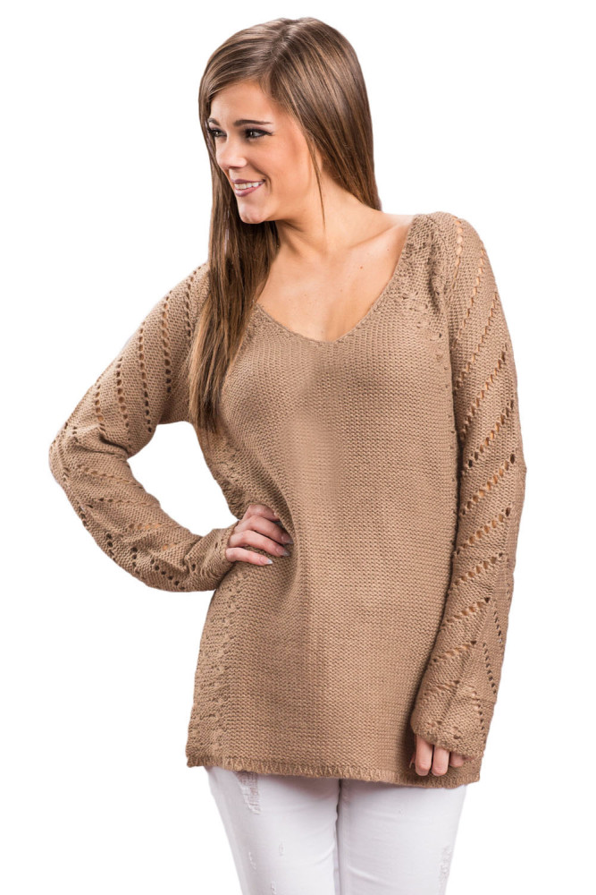 Mocha Open Knit Sleeve Cutout V Neck Sweater
