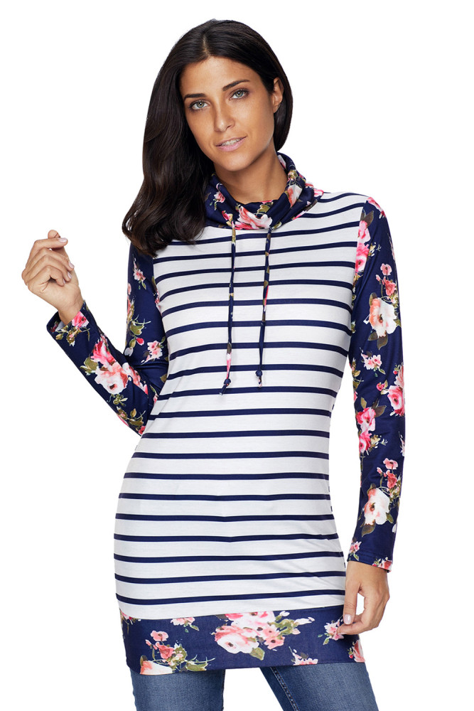 Dark Blue Striped and Floral Sweatshirt