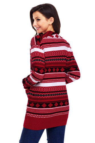 Red White Black Geometric Knit Christmas Cardigan