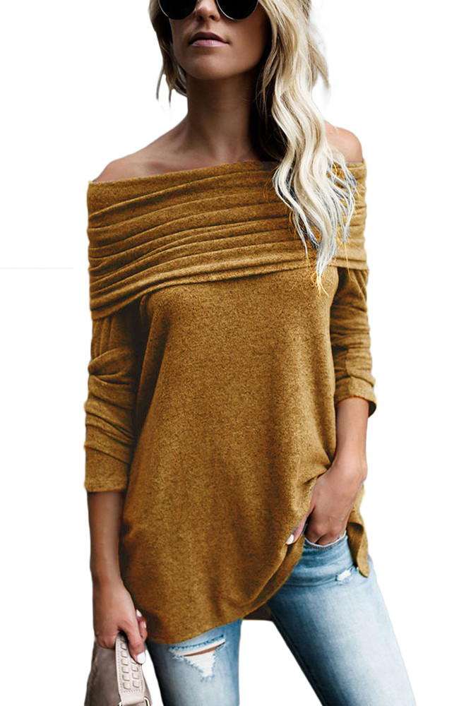 Mustard Ruched Off Shoulder Long Sleeve Top