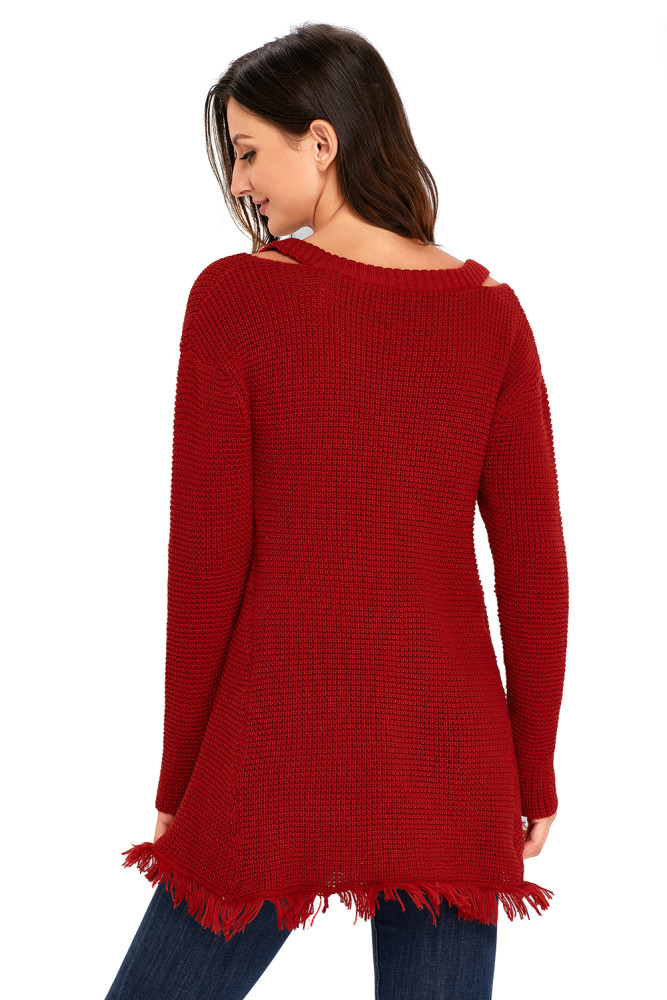 Red V Neck Waffle Knit Sweater