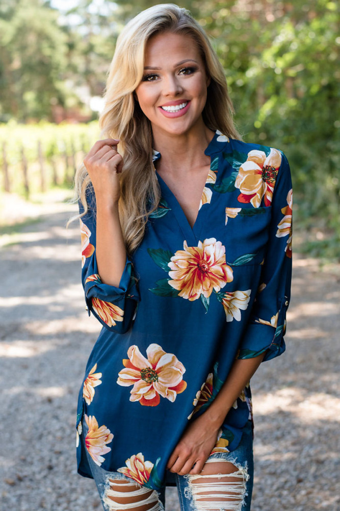 Slate Blue Floral Print High Low Chiffon Blouse