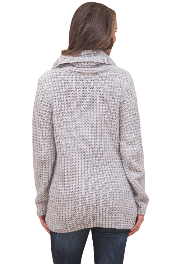 Grey Buttoned Wrap Cowl Neck Sweater