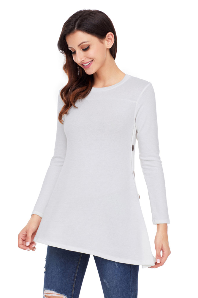 White Button Side Long Sleeve Swingy Tunic