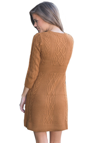 Brown Cable Knit Fitted 3/4 Sleeve Sweater Dress