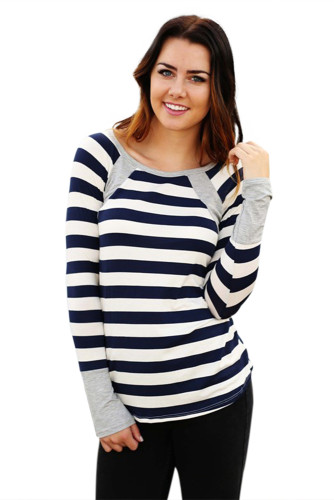 Grey Splice Accent Navy White Striped Long Sleeve Shirt