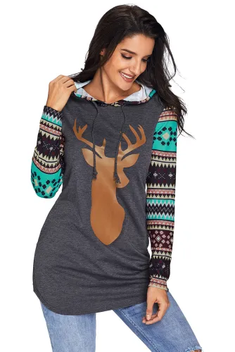 Green Christmas Suede Deer Patch Aztec Sleeve Pocket Hoodie