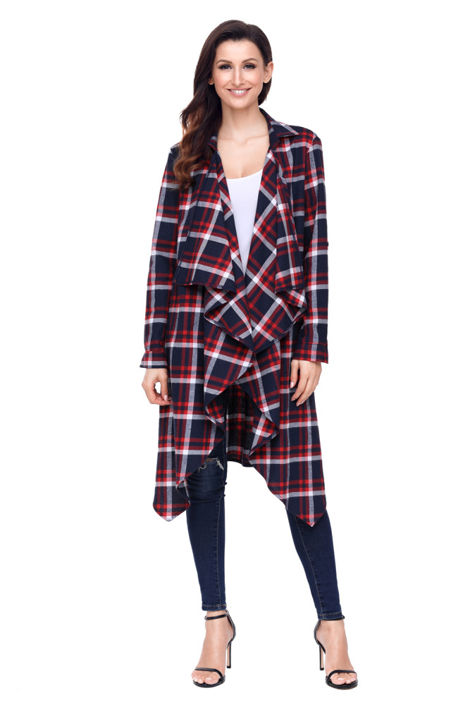 Red Hipster Plaid Draped Open Front Cardigan