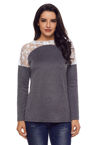 Split Effect Back Lace Insert Charcoal Long Sleeve Top