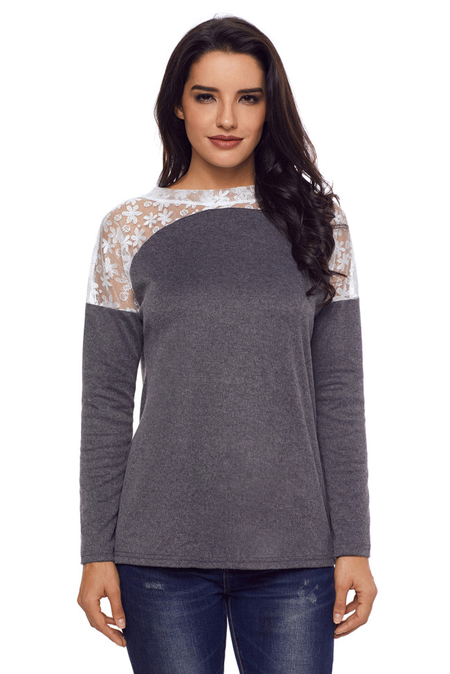Split Effect Back Lace Insert Charcoal Long Sleeve Top