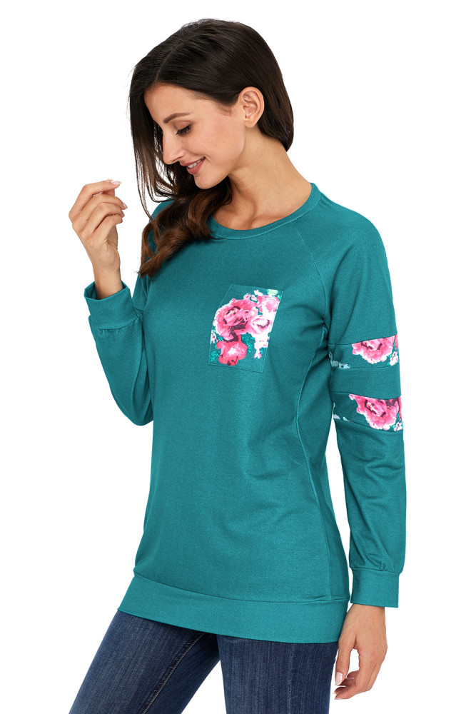 Floral Patch Accent Turquoise Sweatshirt